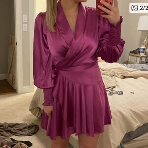 NWT Fate Tiani Fuchsia Silk Long Sleeve Wrap Dress With Belt. Size M